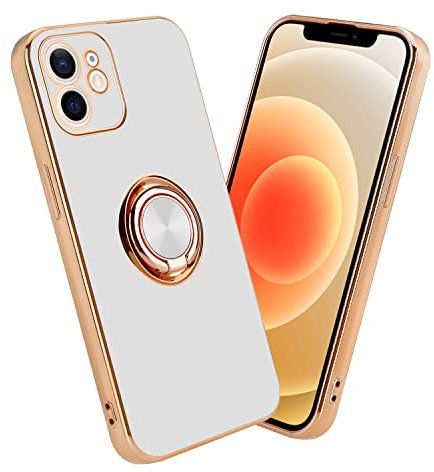 cadorabo Case compatible with Apple iPhone 12 MINI in Glossy White - Gold with ring - Protective cover made of flexible TPU silicone, with camera protection and magnetic car holder