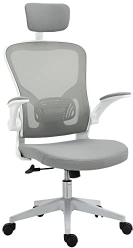 Vinsetto Bürostuhl mit Wippfunktion ergonomischer Shreibtischstuhl hoher Rückenlehne Lendenwirbelstütze Kopfstütze hochklappbarem Arm Home-Office Grau 65 x 64 x 114-122 cm