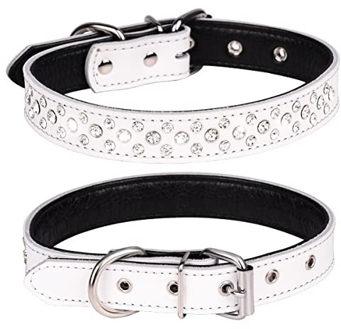 Haoyueer Hundehalsband mit Strasssteinen, verstellbar, glitzernde Kristallnieten, echtes Leder, Haustier-Hundehalsband für kleine und mittelgroße Hunde (M, Weiß)