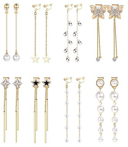 JeweBella 8 Paar Lange Ohrclips Damen Mädchen Mode Kreuz Schmetterling Stern Perlen Baumeln Clip Ohrringe Set Silber/Gold Hypoallergen Ohrklipser Damen Ohne Ohrlöcher