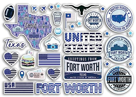 A5 Aufkleberbogen Fort Worth Sehenswürdigkeiten Vinyl Aufkleber – Blau Texas Amerika Staaten USA Flagge Reise Urlaub Karte Stadt Scrapbook Ästhetisch #80619