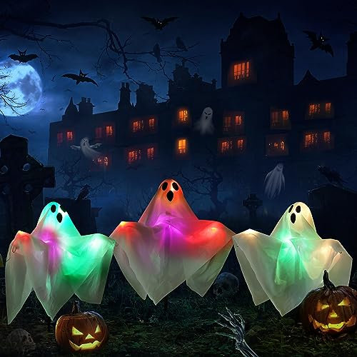 NEXVIN Halloween Deko Garten, 3 Stück Halloween Geister Stableuchten mit Erdspieß Timer Halloween Deko Outdoor Batteriebetrie, Geister WindsäCke Deko für Weg, Rasen, Hof, Haunted House Decoration