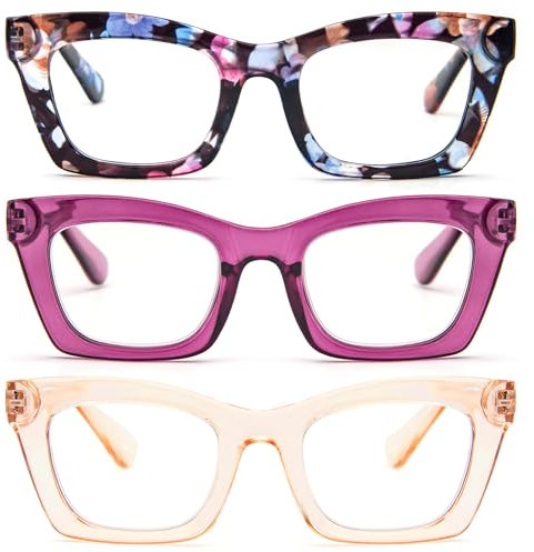 REAVEE 3 Pack Oprah Style Reading Glasses for Women Blue Light Blocking, Cute Oversized Square Computer Readers with Spring Hinge, Flower Rose Tea 1.5
