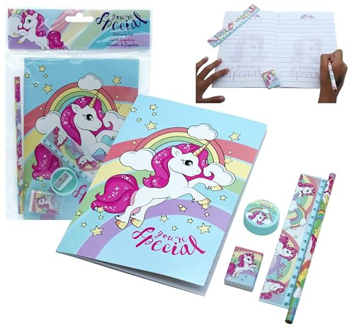 HOVUK Einhorn Schul-Schreibwaren-Set für Mädchen – 5-teiliges Schulbedarf-Set mit Notizbuch, Bleistift, Lineal, Radiergummi und Spitzer – niedliches Kunst-Set für Kinder im Alter von 3–12 Jahren
