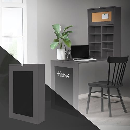 ML-Design Wandtisch klappbar, Grau, Wandklapptisch mit Tafel, 8 Fächern und Pinnwand, Schreibtisch zum ausklappen, Klapptisch Wandmontage, Klappschreibtisch mit Regal, Esstisch Laptoptisch Bartisch