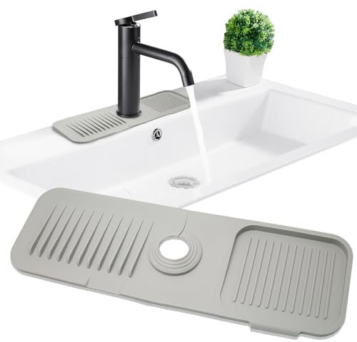 Jiozermi 17.5inch Kitchen Sink Splash Guard, Silicone Faucet Handle Drip Catcher Tray Mat for Kitchen Sink Accessories Gadgets, Drying Mat for Kitchen Counter Bathroom (Grey)