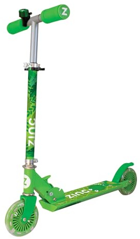 Zinc Two Wheeled Kids Scooter for Ages 3+ – Folding 2-Wheel Kick Scooter with Light Up Wheels, Lightweight, Height Adjustable, Anti-Slip Footplate, Rear Footbrake