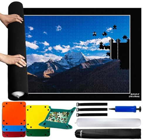 rflaueo 2000 Piece Puzzle Mat Roll Up Felt Puzzle Roll Up Mat for Puzzle 2000 with 6 Colored Sorting Trays & Storage Bag & Black Pump, Jigsaw Felt Mat with Anti-Leak Tube & 3 Elastic Bands(U194-1)