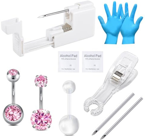WillTen Set di 10 piercing per ombelico con pistola, piercing extra da 13 g, 14 g, con acciaio chirurgico 316 l, per ombelico, setto naso, capezzolo, lingua, piercing, Metallo