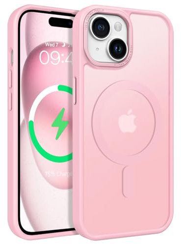 GUAGUA Coque pour iPhone 15 Compatible avec MagSafe Protection Antichoc Qualité Militaire Dos Anti Rayures Étui Housse Arrière Translucide Givrée Anti-Empreintes Digitales 6.1'' (Crème Rosé)