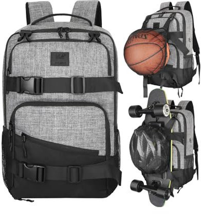 WOLT Skateboard Backpack, 15.6 Inch Laptop Backpack for Men Women, Sports Backpack with Ball Holder, Grey, One Size, Skateboard Backpack
