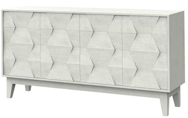 HULALA HOME Sideboard mit 4 Türen 2 Einlegeböden Wohnzimmer Sideboard Buffetschrank Küche mit Massivholz Beine für Schlafzimmer, Flur geometrisches sechseckiges Design Highboard, Weiß