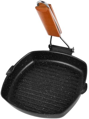 NIHUIFDPY 20cm Carbon Steel Grill Pan with Non-Stick Coating and Folding Wood Handle, Griddle Pan for Oven & Induction & Gas hobs, Square Induction Grill Pan for Meat Fish and Vegetables(20cm)