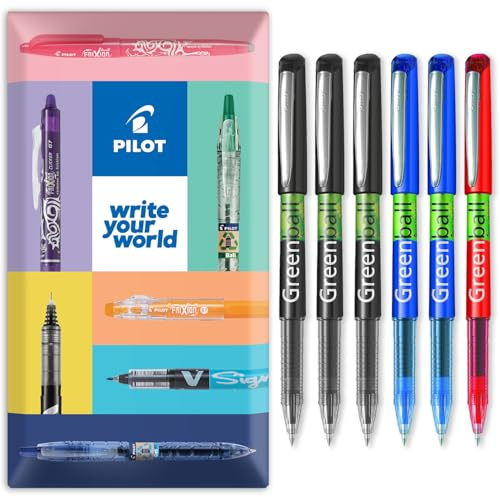 PILOT GreenBall Liquid Ink Rollerball Pen - Begreen Range 89% Recycled - Pack of 6 Pens - Medium 0.7mm Nib - Ideal for Writing, School, Home, Revision, Office - In Envelope Gift Packaging (Mixed)