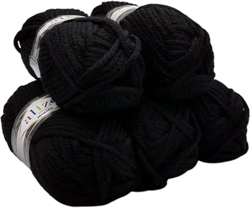Ilkadim Export Superlana Megafil 5 x 100 gramm Super Dicke Wolle Megafil zum Stricken und Häkeln 500 gramm Paket (schwarz 60)