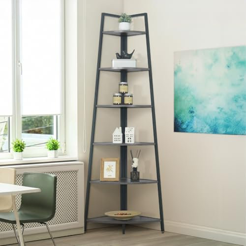 CAPHAUS Tall Corner Shelf Stand, 6-Tier Display Shelves, Ladder Corner Wood Storage Plant Bookshelf with Metal Frame, Versatile Shelving Unit Bookcase for Home Office Space, Dark Grey