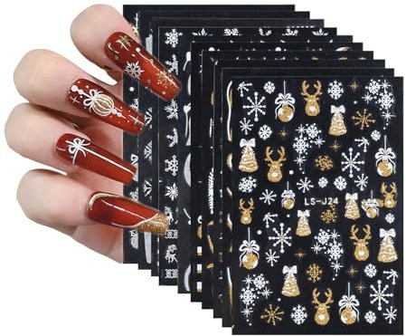 Christmas Nail Stickers, 10 Sheets 3D Christmas Nail Art Stickers Snowflake Reindeer Snowman Santa Claus Xmas Tree Self Adhesive Nail Decals Nail Art Design Decoration Accessories (Gold+Silver)
