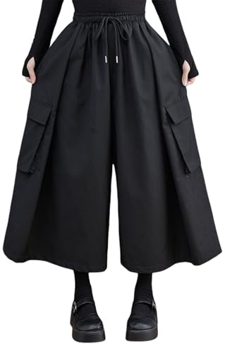 Verondy Culottes for Women Wide Leg Pants with Drawstring Waist Goth Casual Loose Gaucho Pants Japanese Harajuku Style Trendy, 3355-black, XL