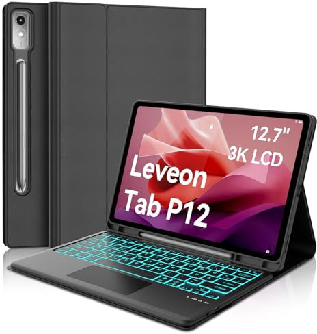 FOGARI Custodia per tastiera Lenovo Tab P12 12.7 2023, Multi Touch Trackpad, 7 colori tastiera con magnete rimovibile Bluetooth tedesco per Lenovo Tab P12 12.7 pollici 2023, layout QWERTZ, nero