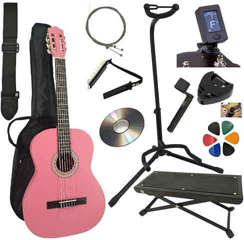 AMROVA Pack Guitare Classique 4/4 (Adulte) Support Guitare + Repose Pied + 9 Accessoires Cour Vidéo et CD (Rose, 4/4, Droit)