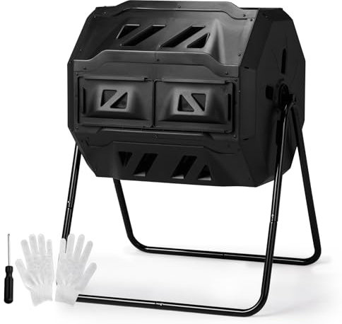 42 Gallon Dual Chamber Outdoor Compost Tumbler,Large Compost Tumbler Bin,Outdoor Tumbling Composter Dual Rotating Batch Compost Bin,with Sliding Doors,for Garden Kitchen Lawn Yard Backyard (Black)