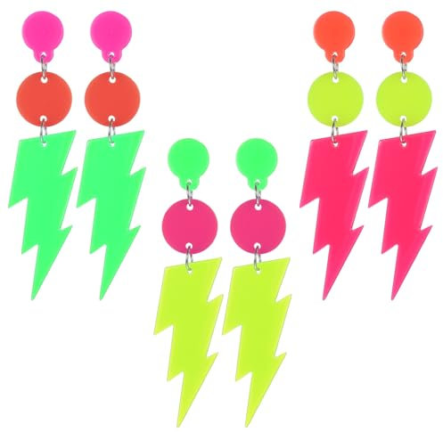 Nogeqi 3 Paar ohrringe 90er jahre damen, Retro Neon Ohrringe 80er, Acryl Schmuck 80er Jahre Damen Outfit Vintage 8x2cm Quastenohrringe Für Mottoparty Kostüm Party Maskerade Frauen Mädchen (Bunt)