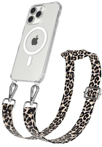 EAZY CASE Handykette - Verstellbares Taschenband kompatibel mit iPhone 15 Pro Max, Schulterriemen, Handykordel mit Silikon Hülle, Qi Charging kompatibel, Umhängetasche, Leo - Schwarz Beige Silber