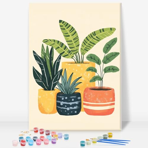 Kit de peinture par numéros encadrée pour adultes débutants, plantes faciles à peindre par numéros sur toile, plantes vertes, peinture à l'huile acrylique par numéros avec cadre pour cadeau