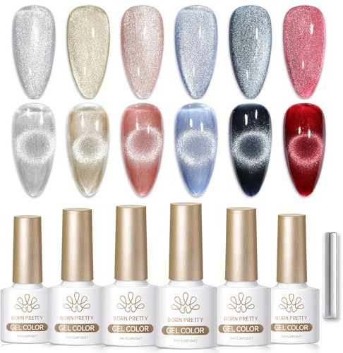 BORN PRETTY U V Nagellack Cat Magnetic Eye U V Gel 6 Farben Glitzer Kristall Silber Rot Gel Nagellack Soak-Off Gellack für Nagelkunst French Maniküre Salon