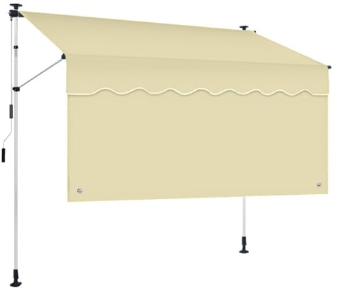 Verstellbarer Balkon-Sonnenschutz für den Außenbereich, Teleskop, ohne Bohren, mit Sichtschutz, UV-beständiges Gewebe, Klemm-Design, 4 m, Beige und Weiß, perfekt für Terrassen und Decks