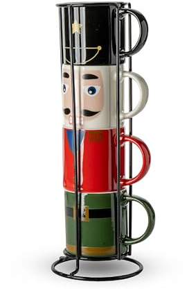 IlGruppone Set 4 Tazzine da caffè Impilabili in Porcellana New Bone China con Espositore – Lavabili in Lavastoviglie e Utilizzabili in Microonde – Design Natalizio Ideea Regalo Natale - Soldatino