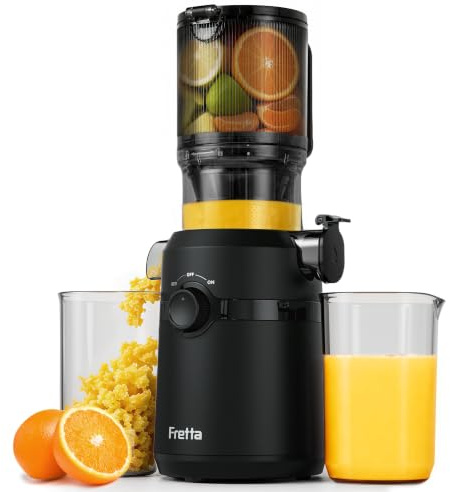 Fretta Estrattore frutta e verdura, apertura 108MM e capacità di 1L estrattore di succo, 200W centrifuga Lenta, 99% nutrienti preservati, senza BPA, facile da smontare e pulire