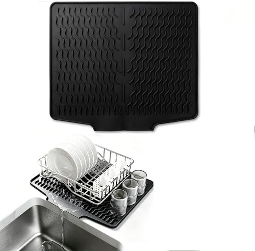 Alfombrilla Escurreplatos de Silicona 40x33cm con Drenaje al Fregadero | Bandeja Escurridora Cocina, Tapete de Secado Antideslizante para Fregadero y Encimera, Negro