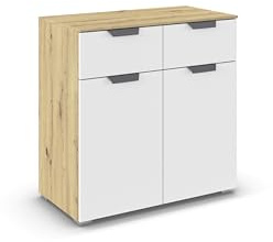Rauch Möbel ADITIO, Kommode, Farbe Weiß/Eiche Artisan, Breite 80 cm | Sideboard im modernen Look, 2-türig, 2 Schubladen, Soft-Close-Funktion, für Schlafzimmer, Gästezimmer, Wohnzimmer, Garderobe