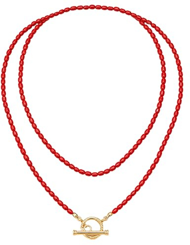 Wailike Mehrlagige rote Perlenkette für Damen, Boho Western Statement-Halskette zweireihig, Weinrote Gliederkette mit Knebelverschluss, Geschenk für Frauen