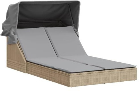 Fisinber Doppel-Sonnenliege mit Dach und Auflagen Beige Poly Rattan Gartenliege 2-Personen Sonneninsel mit Verstellbarer Rückenlehne für Garten Terrasse Balkon 108x236x110 cm