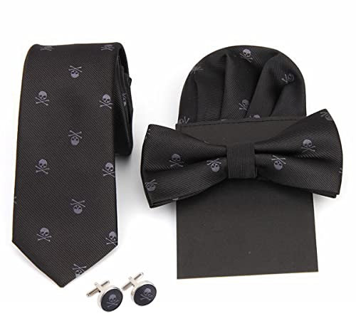 WANYING Herren 6cm Krawatte & Gebundene Fliege & Einstecktuch & Manschettenknöpfe 4 in 1 Set Yuppie Trendmode Casual Cool - Totenkopf Pattern Schwarz