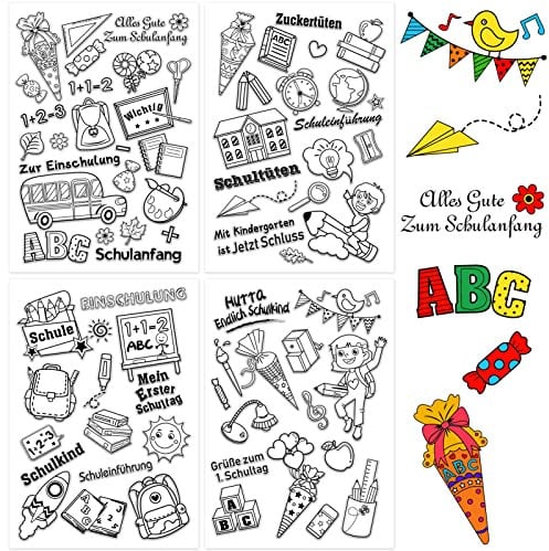 DPKOW 75pcs Schuleinführung Einschulung Klare Stempel, Alles Gute zum Schulanfang Silikon Stempel für DIY Karte Scrapbooking Basteln, 123 ABC Zuckertüten Süssigkeiten Schulkind Stern Herz Stift Buch