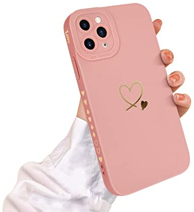 Newseego Coque Compatible avec iPhone 11 Pro, Doré Love-Heart Design Coque en Silicone Liquide Doux Mignon Coeur Côté Cadre Antichoc Caméra Housse de Protection pour iPhone 11 Pro-Rose