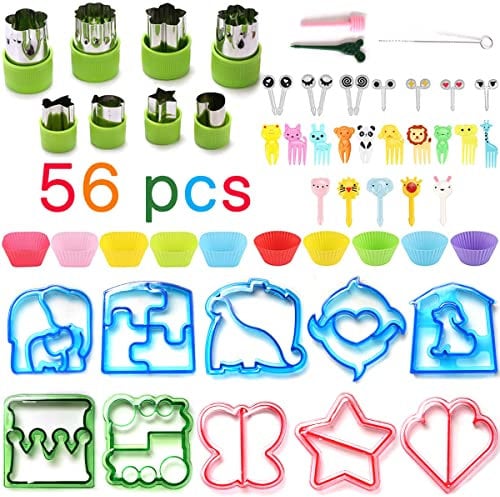 56 in 1 Sandwich Cutter Shapes Set for Kids, Bento Lunch Box Supplies and Accessories Sandwich Bread Cutters, Fruit Cutter, Animal Food Picks, Silicone Cups, Fruits Cheese Shapes Mold Supplies