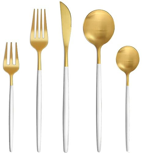 Bestdin Set de couverts 6 personnes, 30 pièces de couverts blanc or mat, Set de couverts avec couteau fourchette cuillère, couverts en acier inoxydable de haute qualité, lavable au lave-vaisselle