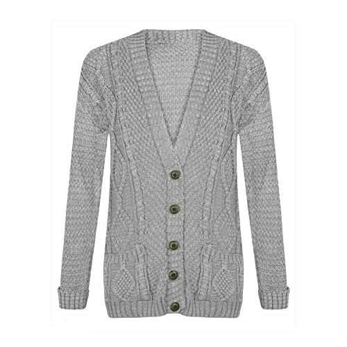 LUXFAB New Womens Everyday Long Sleeve Button Top Ladies Chunky Aran Cable Knit Grandad Cardigan UK Size 8-26 Silver Grey