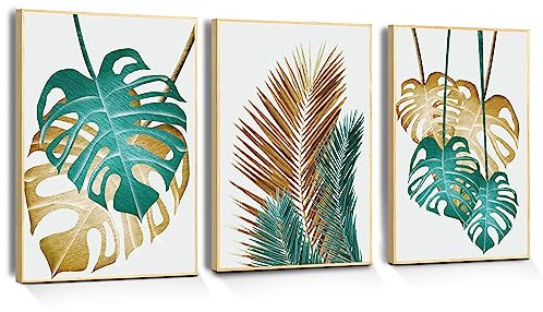 MHARTK66 Cadre en Bois Tableau Decoration Murale Salon Moderne Toile Monstera Doré et Vert Affiche Décoration Plantes Vertes Impression sur Toile Decoration Murale Chambre Salle de Bain