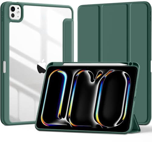 Maledan Transparent Case Compatible with iPad Pro 11 Inch 2024 M4 with Pencil Holder, Clear PC Back Flexible TPU Frame Protective Cover Auto Wake/Sleep, Support Apple Pencil Pro/USB-C, PineGreen