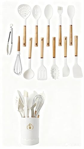 Jiufei Home 13-teiliges Silikon-Utensilien-Set mit Holzgriff, antihaftbeschichtet, spülmaschinenfest, Küchenutensilien, BPA-frei, hitzebeständig (230 °C), Keramikpfanne, sicheres Kochen, Geschenke
