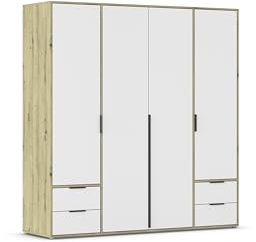 Rauch Möbel Nagata, Drehtürenschrank, Kleiderschrank, Kleiderschränke, Garderobe, 4-türig, 4 Schubladen, Farbe Weiß-Eiche Artisan, Holz, 187x194x53cm
