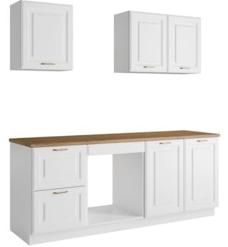 Vente-unique-Küchenzeile - mit Arbeitsplatte 200 cm - Weiß & Holzfarben - CELOMIA