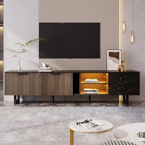 Wiuzo Mobile TV da 200 cm con effetto marmo nero, porte in legno scuro, illuminazione a LED regolabile, due ante e due cassetti, adatto per robot aspirapolvere