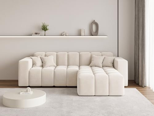 GRAINGOLD Loopo Ecksofa 265x180 cm, L-Form Sofa, Ecksofa für Wohnzimmer, Velour, 3-Sitzer Eckcouch, Modernes Design (Creme, Rechts)