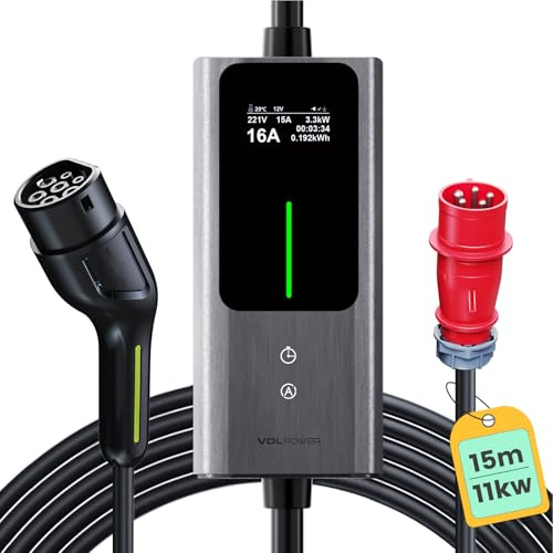 Mobile Wallbox 11kW [3-phasig|15m|6-16A] Mobile Ladestation EV Ladekabel CEE 16A auf Typ 2 und EV Ladegerät mit Einstellbarer Strom und Einstellung Startzeit für Allen EV PHEV IEC 62196-2 Stecke